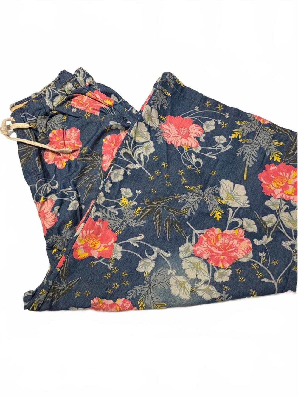 Navy Wide-Leg Floral Pants – Pink Bloom Print Statement Trousers